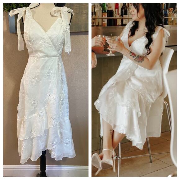 NWOT Lulus Elegant Direction Ivory Embroidered Ruffled Tie-Strap Midi Dr… - Picture 10 of 15